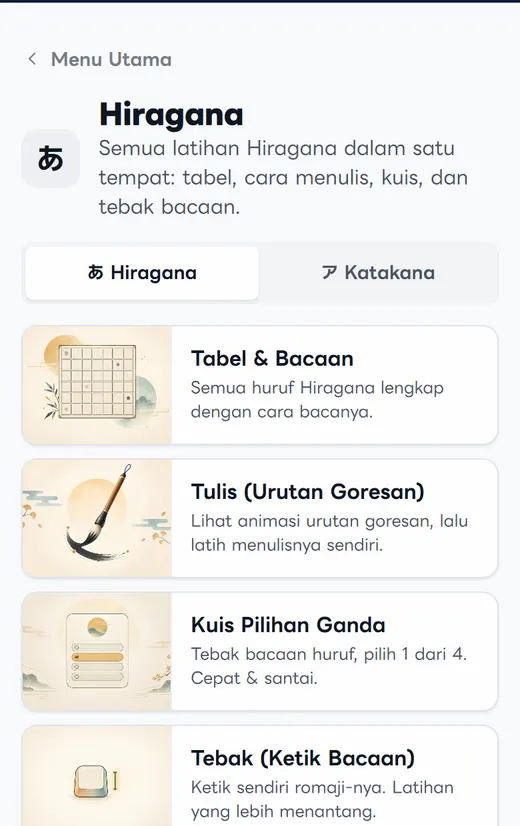 Tampilan halaman Hiragana di HP: tabel, latihan menulis, kuis, dan tebak bacaan