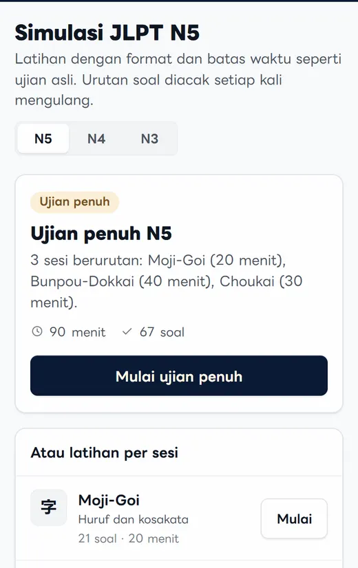 Tampilan Simulasi JLPT N5 di HP: pilihan level N5, N4, N3 dan ujian penuh 90 menit