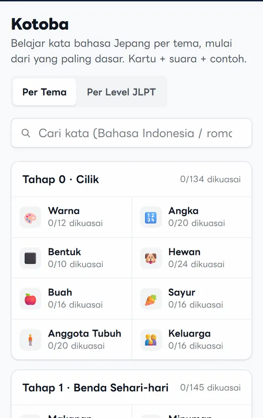 Tampilan halaman Kotoba di HP: kartu tema warna, angka, bentuk, hewan