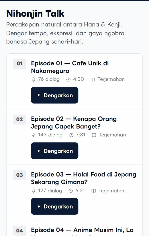 Tampilan Nihonjin Talk di HP: daftar episode dengan durasi