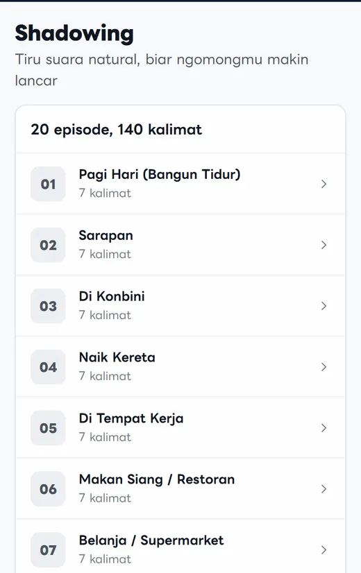 Tampilan halaman Shadowing di HP: daftar episode pagi hari, sarapan, di konbini