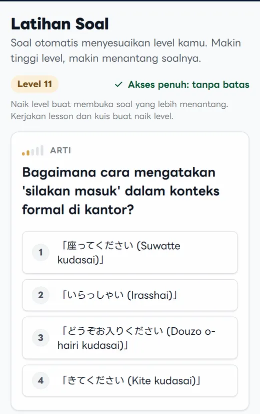 Tampilan Latihan Soal di HP: soal pilihan ganda tentang cara mengatakan silakan masuk di kantor