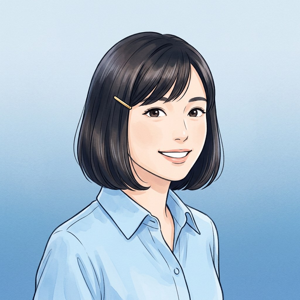Hana — host Jepang, refined portrait Showa-modern cool blue