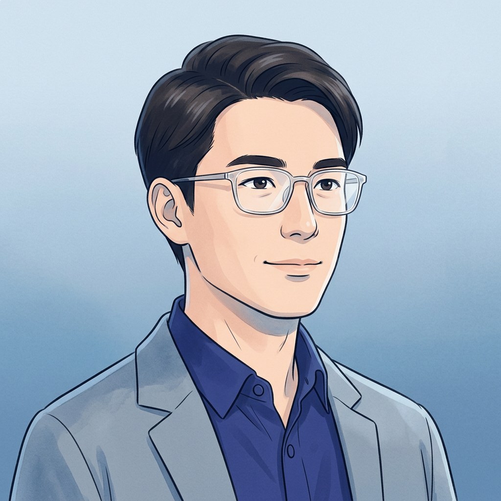 Kenji — co-host Jepang, refined portrait Showa-modern cool blue