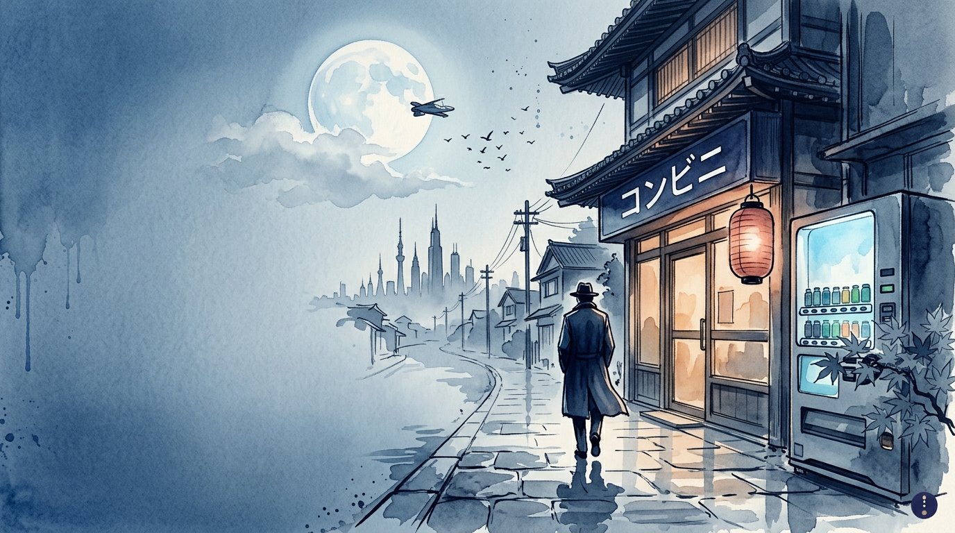 Tokyo evening street dengan PMI berjalan menuju konbini, langit cool blue dengan moon