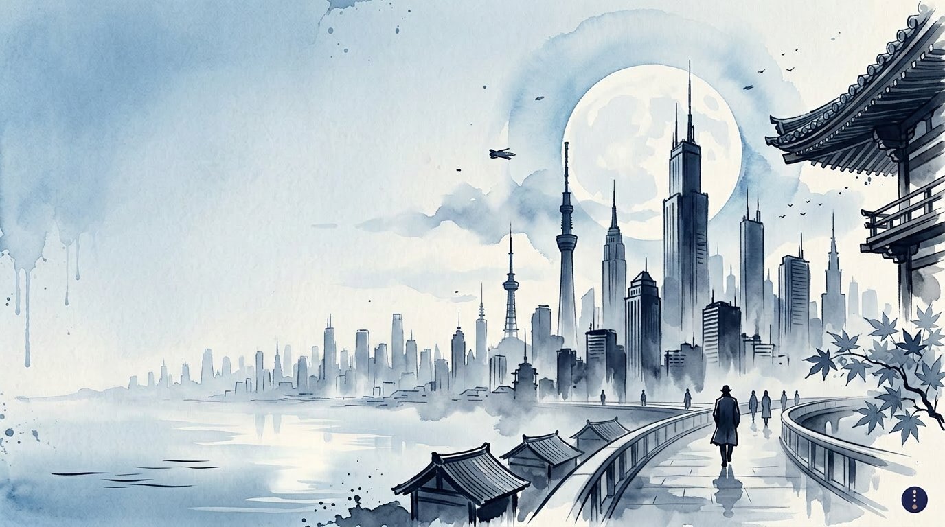 Tokyo dawn skyline dengan PMI berjalan menuju stasiun, bulan masih terlihat di langit cool blue