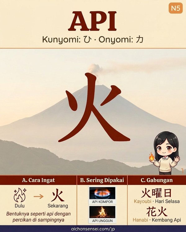 Preview kartu Belajar Kanji 火 (api) — infografik kanji dengan breakdown radikal dan mnemonic
