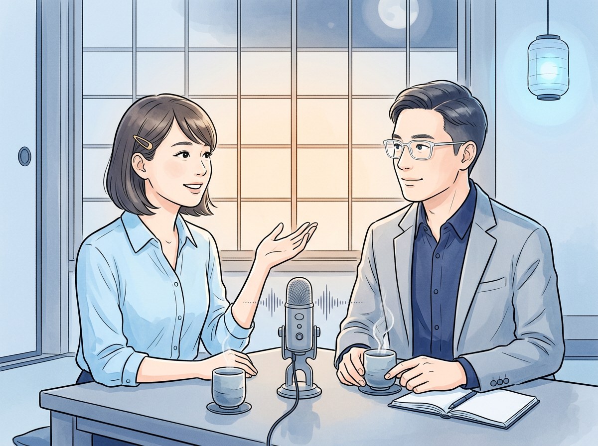Hana dan Kenji ngobrol di chabudai, suasana malam dengan moon window — ilustrasi Showa-modern cool blue
